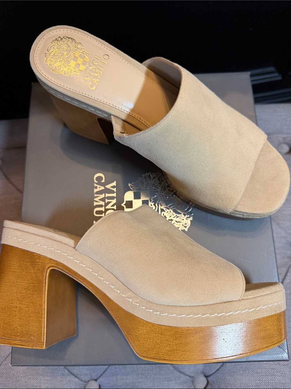Vince Camuto Light Beige Suede Platform Mule Sandals
